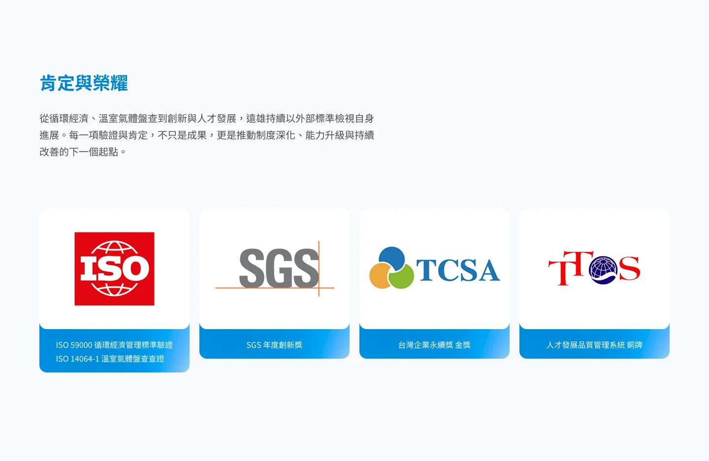 肯定與榮耀：ISO 59000、ISO 14064-1、SGS 年度創新獎、台灣企業永續獎金獎、人才發展品質管理系統銅牌